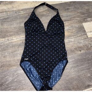 Speedo One Piece Bathing Suit Size 10 Girls Black Blue Polka Dots